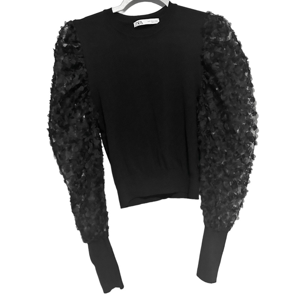 ZARA 3D Flower Mesh Sleeve Black Blouse - Picture 1 of 5